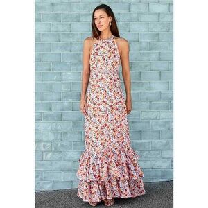 Agua by Agua Bendita Magnolia Printed Linen Halter Maxi Dress Sz L NWT